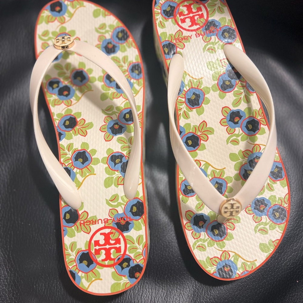 Tory Burch Rubber Sole Floral Wedge Sandals